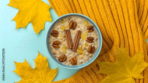 Obraz Concept of food diet, longevity, and fiber maxxing. cozy autumn themed overnight oats with pumpkin