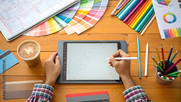 Obraz Concept of food diet, longevity, and fiber maxxing. creative designer sketching on an pad iced coffee