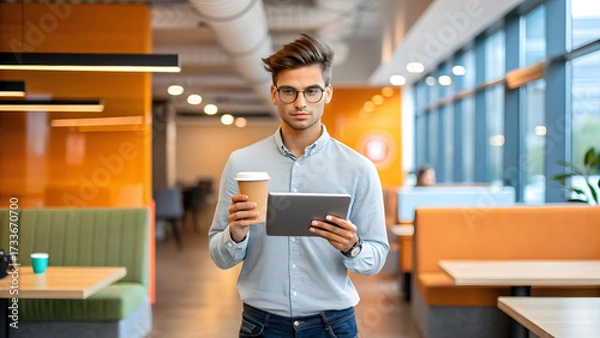 Obraz coffee badging at work concept. young smart businessman preparing a meeting in office.