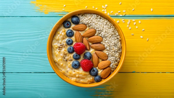 Obraz Concept of food diet, longevity, and fiber maxxing. flat lay of multiple flavors of overnight oats