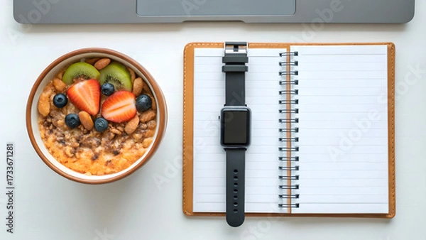 Obraz Concept of food diet, longevity, and fiber maxxing. new year s resolution themed image with healthy overnight oats.