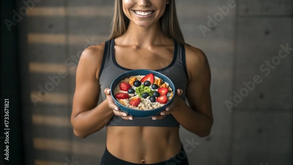 Obraz Concept of food diet, longevity, and fiber maxxing. woman enjoying overnight oats with a happy gut health