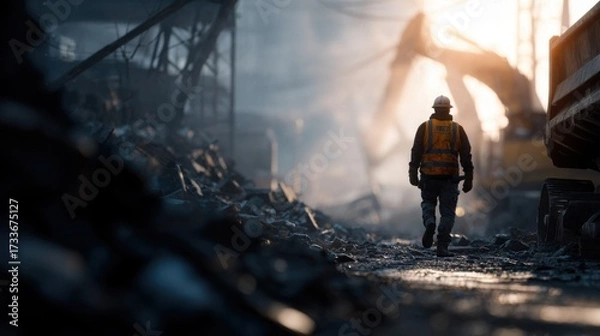 Obraz Construction Worker Walking Through Large Debris at Construction Site