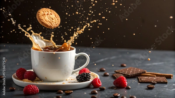 Fototapeta Dynamic coffee splash with floating cookie and fresh berries