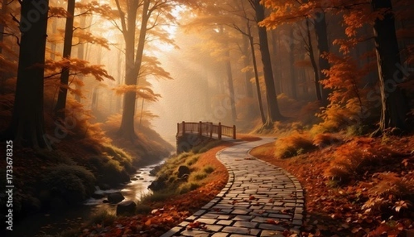 Fototapeta Autumn forest path with stone walkway and small bridge in golden light