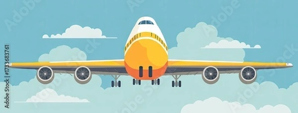 Fototapeta Colorful airplane flying through a clear blue sky with fluffy clouds on a sunny day