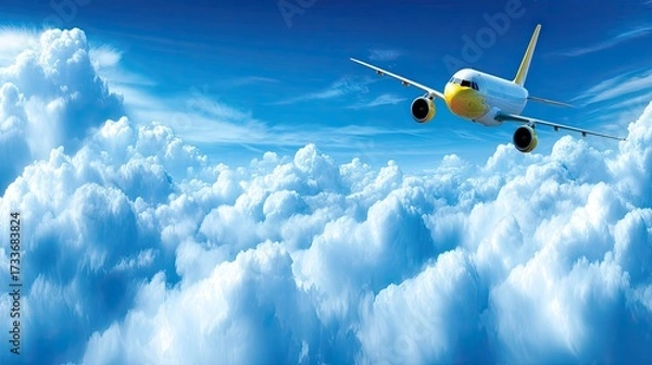 Fototapeta Airplane flying above fluffy clouds under a clear blue sky during a bright sunny day capturing the beauty of aerial travel and scenic views