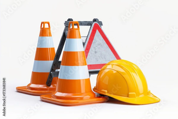 Fototapeta Traffic cones and safety helmet with construction sign displayed in a realistic 3D rendering on a white background