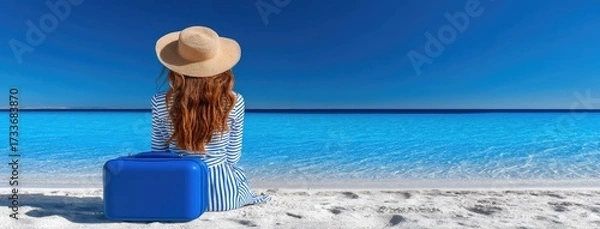 Fototapeta Enjoying a serene moment by the clear blue sea with a suitcase and sun hat on a sandy beach during a sunny day