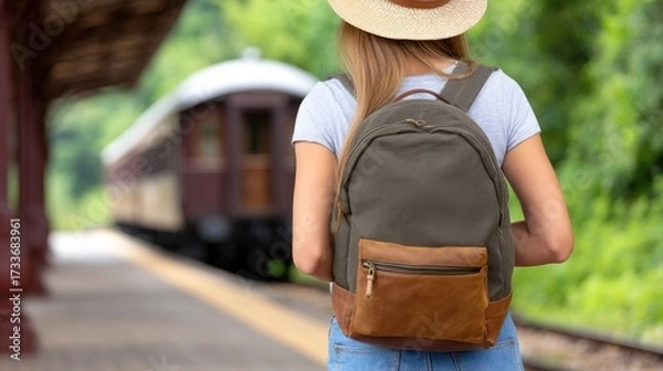 Fototapeta Woman waiting at a train station with a backpack while a vintage train approaches in a lush green setting during the day