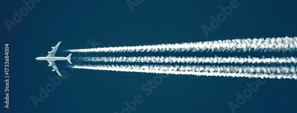 Fototapeta Jet airplane flying high above with contrails in a clear blue sky during daylight hours