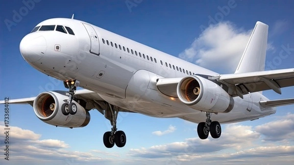Fototapeta Commercial airplane approaching landing at sunset against a backdrop of blue sky and fluffy clouds