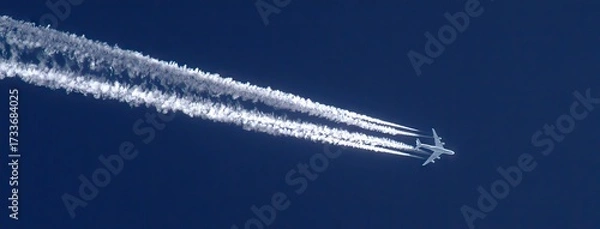 Fototapeta Airplane flying high in the clear blue sky with white contrails streaming behind it during a sunny day