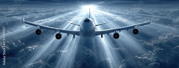 Fototapeta Commercial airplane flying through clouds with rays of sunlight shining from above during twilight