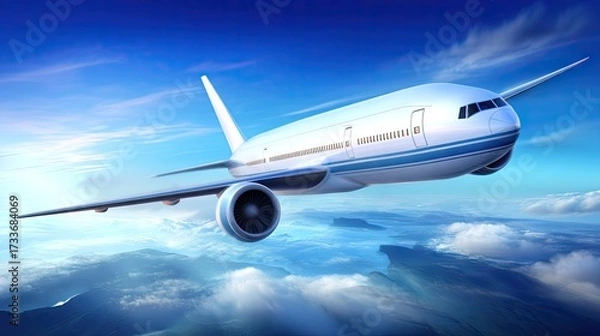 Fototapeta Airplane flying above clouds in a bright blue sky during daytime over a mountainous landscape, showcasing its sleek design and powerful engines