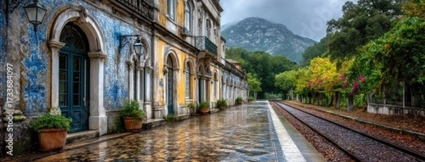 Fototapeta Old railway station features beautiful blue murals, wet pavement reflecting the colorful buildings, and lush greenery under a cloudy sky