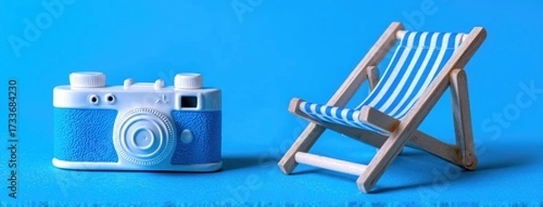 Fototapeta Miniature camera and beach chair on a bright blue background, capturing the essence of summer fun and vacation vibes