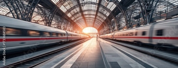 Fototapeta Trains arriving at a bustling railway station during sunset, showcasing modern architecture and vibrant colors in the sky