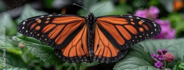Fototapeta Monarch butterfly resting on green leaves surrounded by colorful flowers in a garden setting during daytime