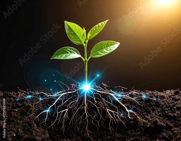Obraz A vibrant seedling sprouts, lit from below with digital light, against a dark backdrop