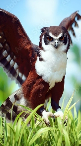 Fototapeta Majestic bird of prey stands proudly in the green grass under a bright blue sky during a sunny day in the wild