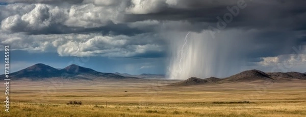 Fototapeta Dark clouds gather over a vast plain with distant mountains as lightning strikes during a summer storm in a tranquil landscape
