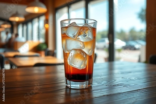 Fototapeta Generative AI iced beverage refreshing delight on a wooden table.