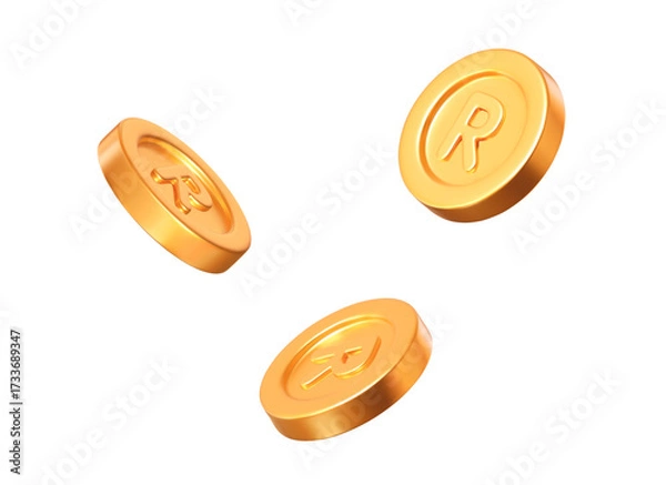 Fototapeta 3d flying South African Rands golden coins with different angles. Stock vector illustration on isolated background.	