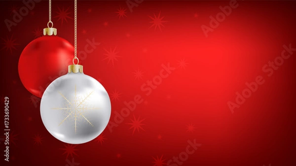 Fototapeta Bright Christmas red banner with hanging balls. Dark red horizontal background with white and red New Year balls, 3D decoration. Vector HD template with copy space for colorful holiday design.