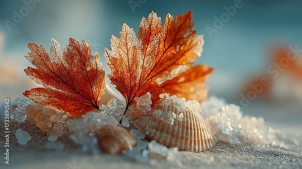 Obraz Delicate orange leaves and seashell nestled amidst sparkling crystals on a sandy surface, soft light