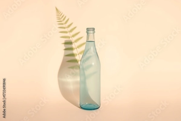 Fototapeta Generative AI minimalist composition with blue bottle and fern shadow.