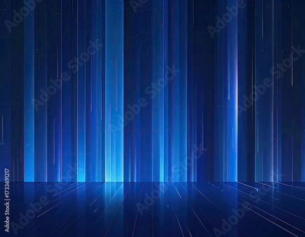 Fototapeta Abstract, vertical blue lines and subtle stars over a reflective, shaded floor