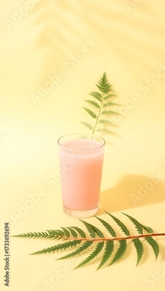 Fototapeta Generative AI Refreshing Pink Beverage with Ferns and Sunlight Dots.