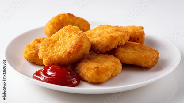 Obraz 白い皿の端に添えられた真っ赤なケチャップとこんがり揚がった黄金色チキンナゲットのボリュームある盛り合わせ