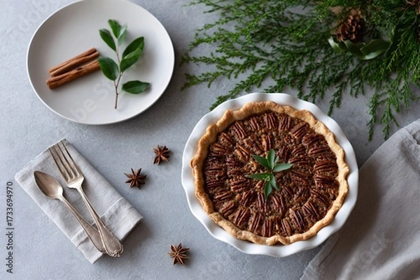 Fototapeta Festive flat lay featuring vintage pecan pie and season decor Generative AI