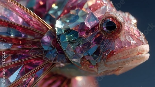 Fototapeta Faceted crystal fish with metal fins against a blue backdrop, showcasing intricate gem-like textures