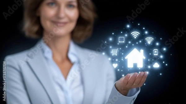 Fototapeta Businesswoman presenting smart home hologram with IoT icons image with digital overlay. Wi-Fi, shopping cart, mobile device photography conceptual. Connectivity concept photo realistic