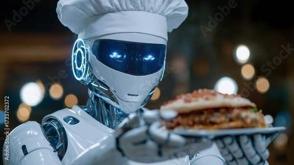 Fototapeta Futuristic robot chef serving gourmet food in plate image. Robotic humanoid in high-tech restaurant photography scene photorealistic. AI integration in culinary arts concept photo