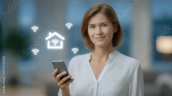 Fototapeta Woman using smartphone for home wi-fi control image with digital overlay. Female holding phone with wifi signals photography conceptual. Device management concept photo realistic