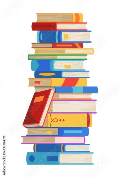 Obraz High book stacks or pile. Library textbooks and school literature heaps, dictionaries. Bookstore advertise. Cartoon stacked books angle view with different colorful covers isolated on white