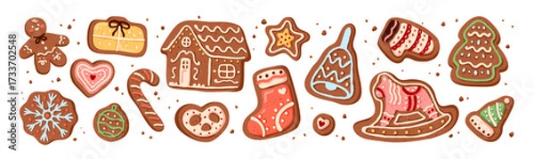 Obraz Set of Christmas gingerbreads. Xmas ginger breads with different shapes for winter holidays. New Year cookies, biscuits with icing. Bakery food. Flat isolated vector illustrations on white background