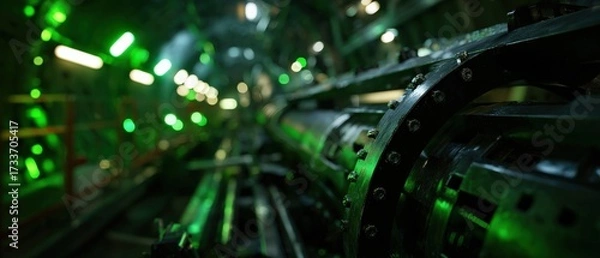 Fototapeta Industrial metallic pipeline with green neon lights in a dark underground tunnel Concept of technology, engineering, and futuristic infrastructure