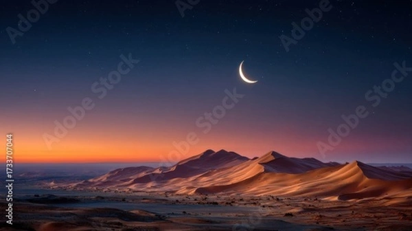 Fototapeta An expansive desert landscape at night transitioning to sunrise, clear skies with a crescent moon near zenith,