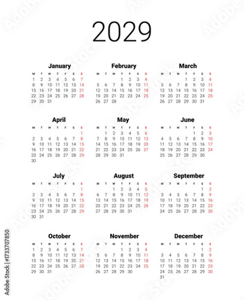 Obraz Full months for wall calendar. English UK Vector template. 2028 calendar start from Monday. isolated background