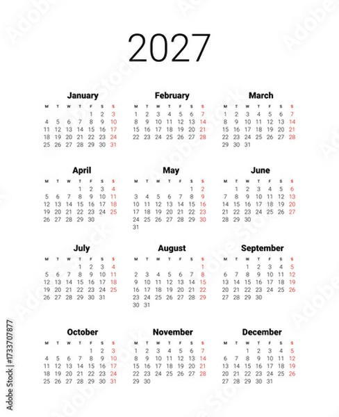 Obraz isolated background. English UK Vector template. 2027 calendar start from Monday. Full months for wall calendar