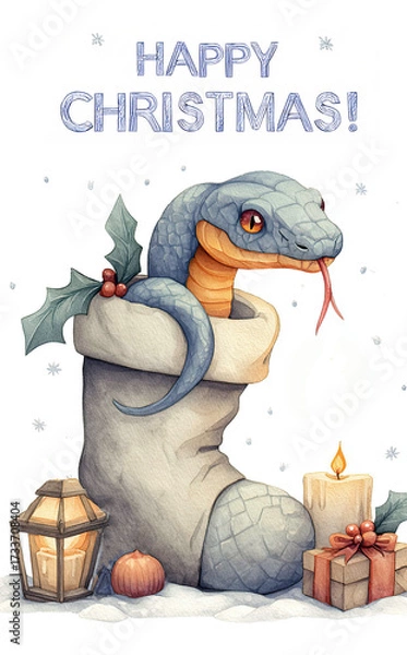 Fototapeta  Holiday greeting card showing snake emerging from a stocking