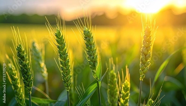 Obraz Close Up of Wheat Ears in a Golden Field During Sunset Agriculture and Nature Concept
