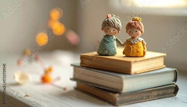 Obraz Decorative Dolls Dressed in Colorful Frocks on Stack of Old Books Near Window with Bokeh Lights in Soft Warm Light