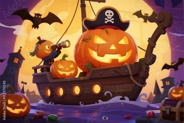 Fototapeta Spooky Halloween pumpkin pirate ship sailing under full moon with bats and treasure for holiday fun