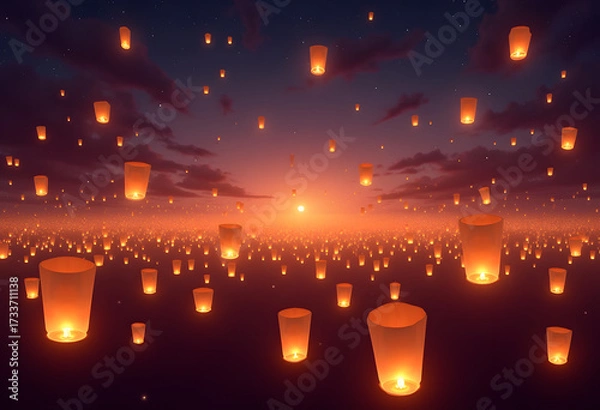 Fototapeta Infinite Lanterns Floating at Sunset Festival